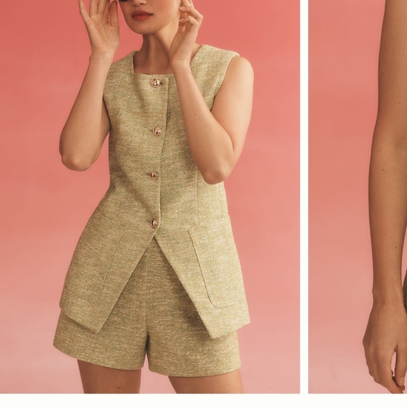 Maeve tweed suit shorts and tailored waistcoat green XS/0 Anthropologie - Picture 1 of 9